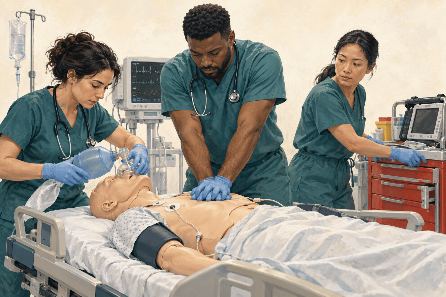 A team practicing a simulation scenario